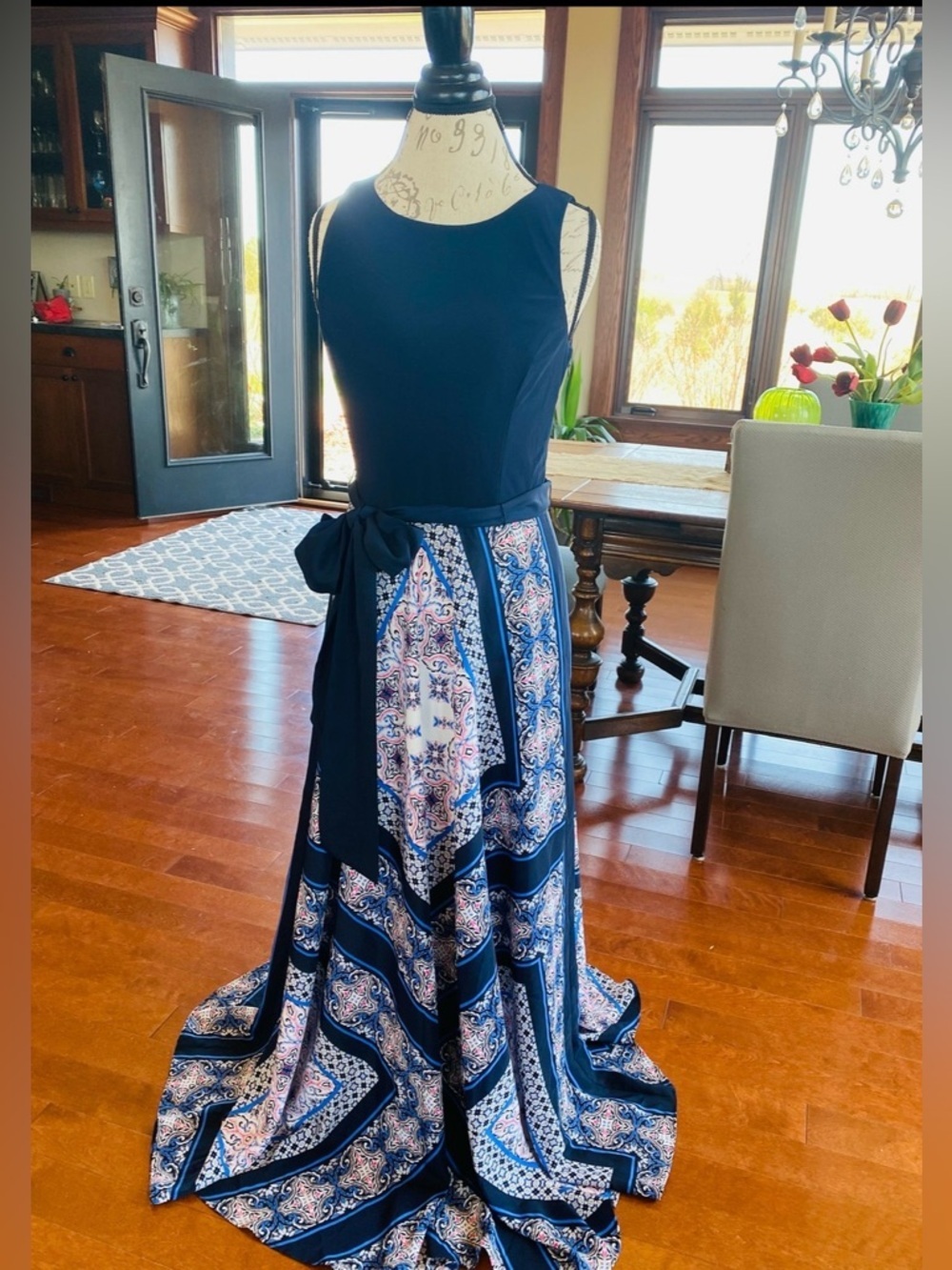 INC. International Concepts Navy Sleeveless Maxi Dress, Patterned Skirt size 10.